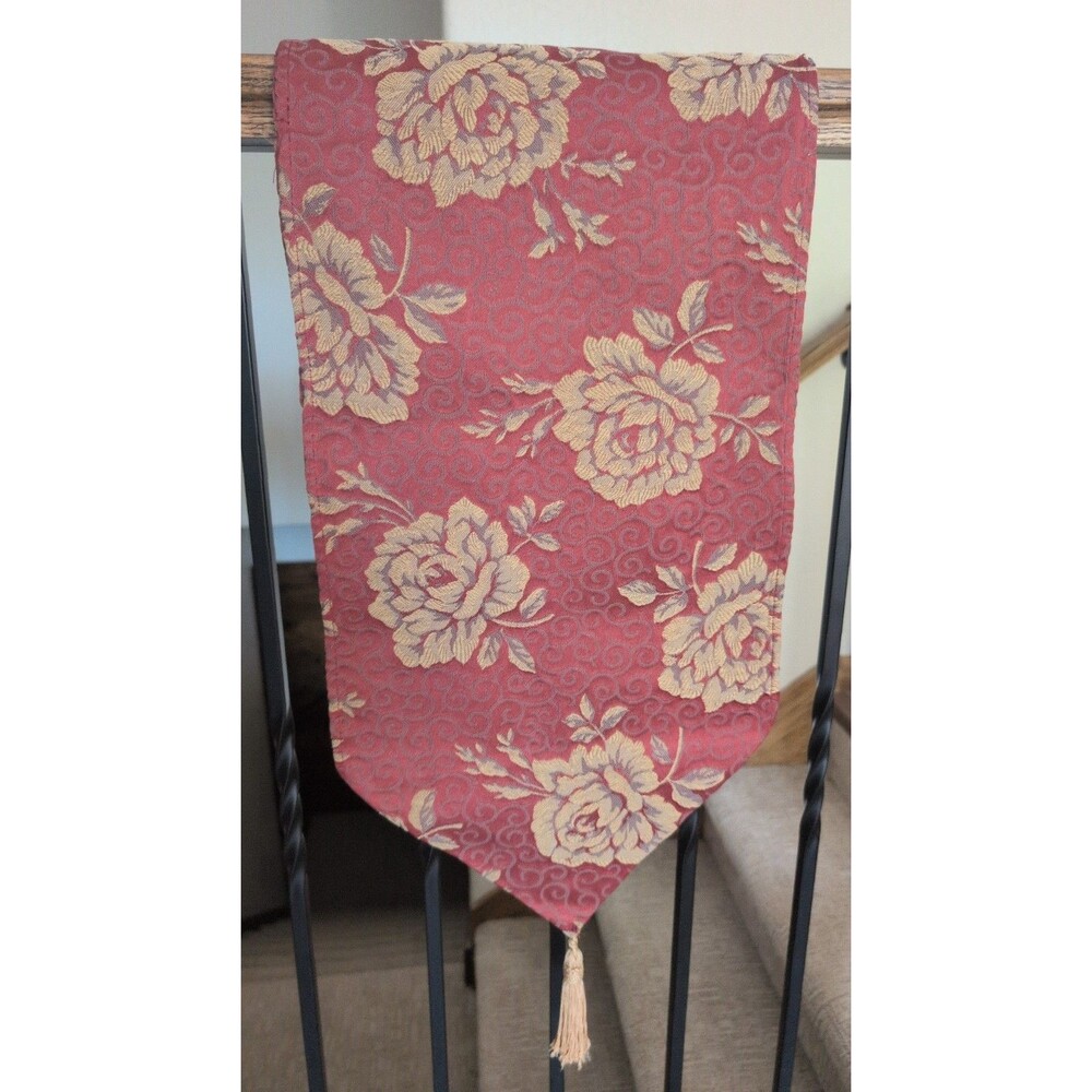 Floral Tapestry Table Runner Red Roses Beige Tassels Baroque Pointed Ends 12x68